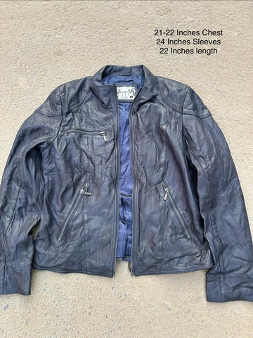 Manguun Navy Blue Leather Biker Jacket