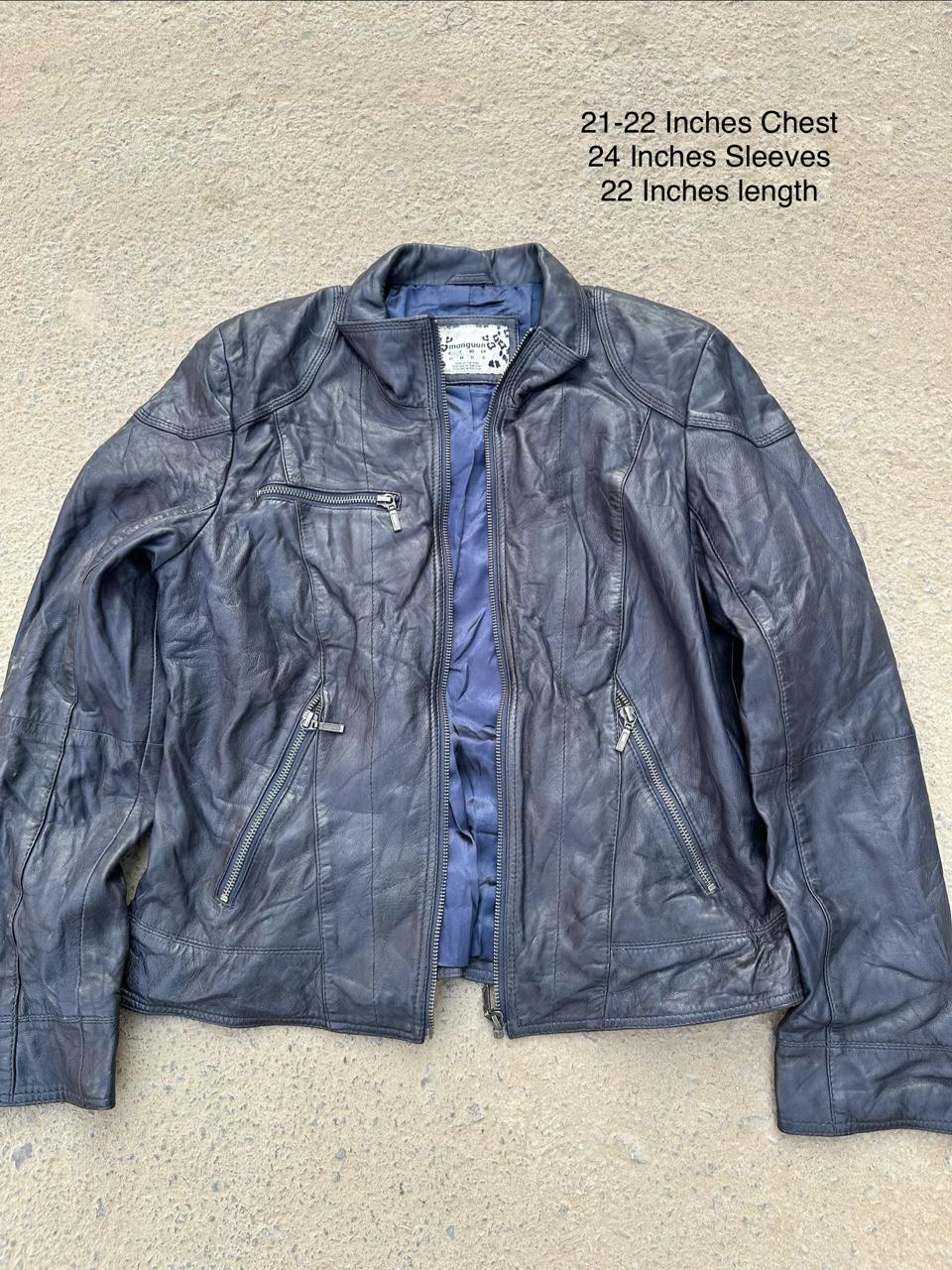 Manguun Navy Blue Leather Biker Jacket