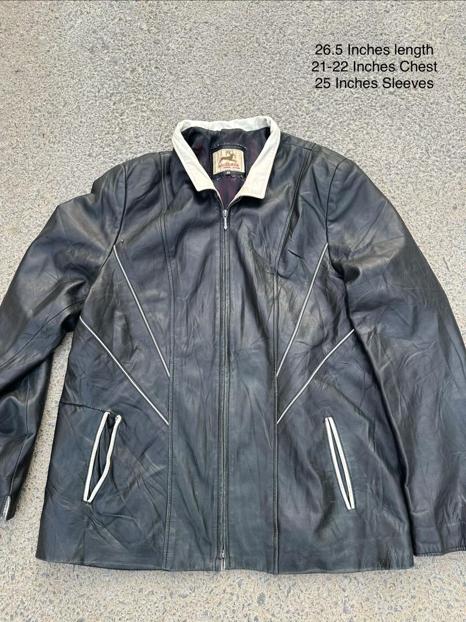 Mallorca Black Leather Jacket with Cream Collar