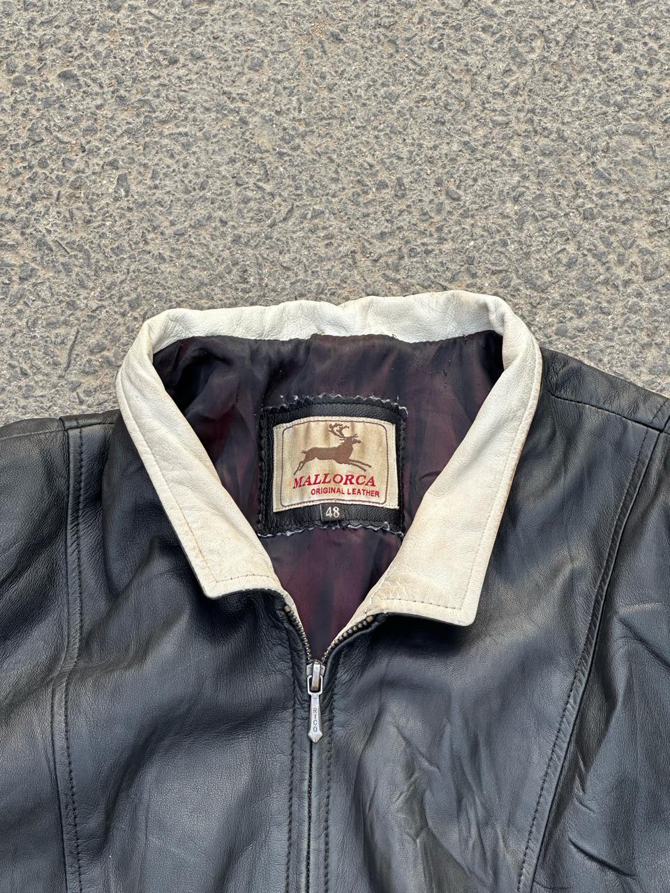 Mallorca Black Leather Jacket with Cream Collar