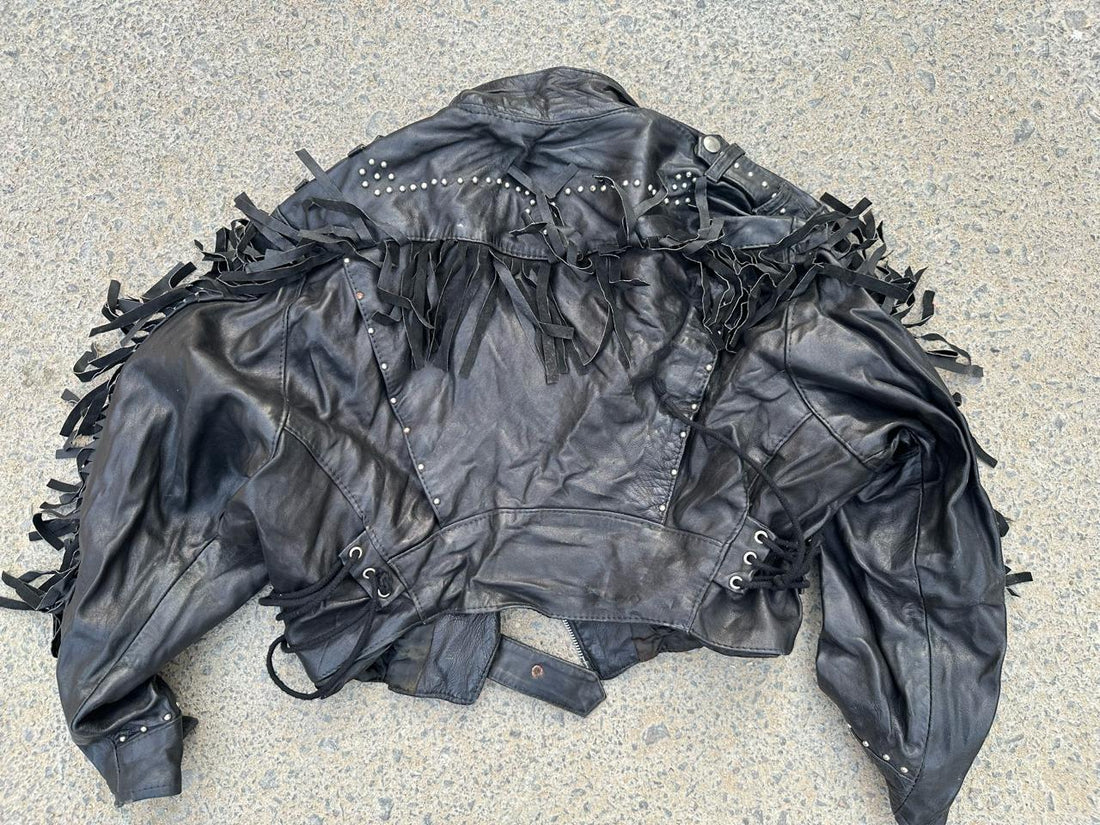 Vintage Black Fringe Leather Biker Jacket