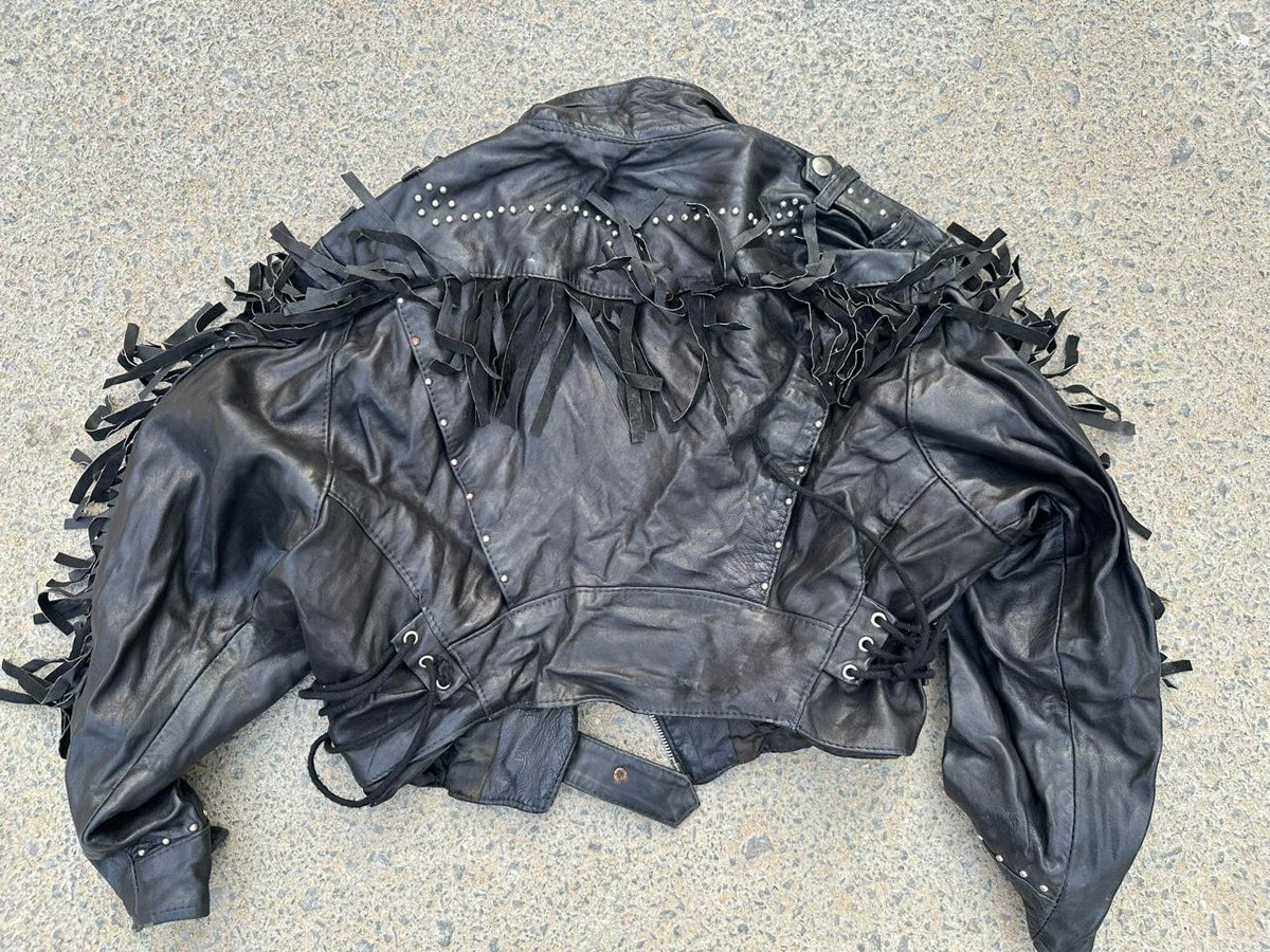 Vintage Black Fringe Leather Biker Jacket
